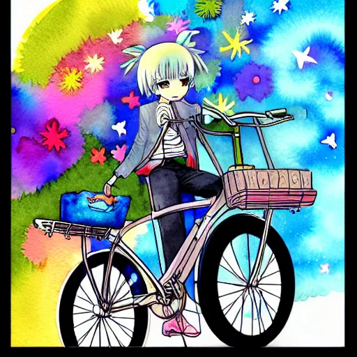 Prompt: a high detail watercolor of anime bicycle. pixiv fanbox skeb.jp clipstudio medibang ichi-up CGWORLD key visual manga cover