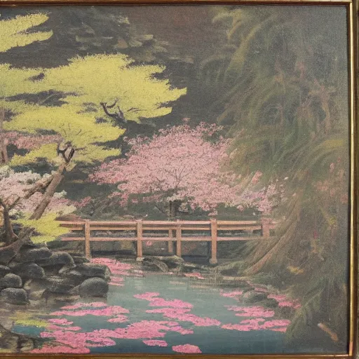 Prompt: painting of a Japanese pagoda and a bridge over a stream with cherry blossom all around, Oil on canvas 1924