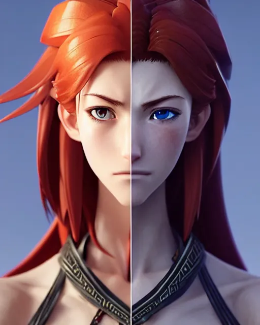 Image similar to azctec warrior, katherine mcnamara, detailed perfect face, exquisite details, fire magic, mid view, design on a white background, by studio muti, greg rutkowski makoto shinkai takashi takeuchi studio ghibli