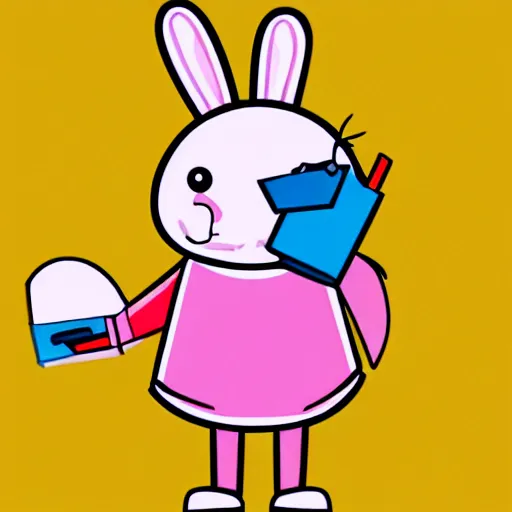 Image similar to an illustration with flat colors of a pink rabbit wearing a yellow t-shirt and blue trousers