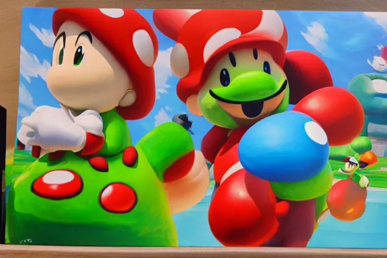 Image similar to painting wonderland marioworld yoshi kurbi dofus acrylic 3 d real