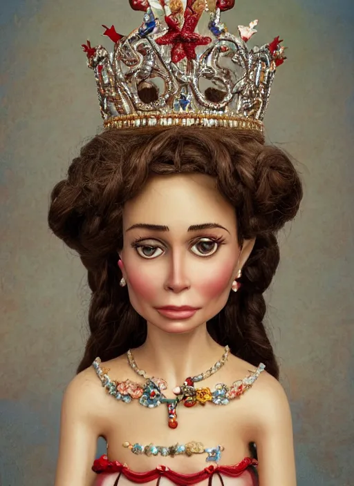Image similar to closeup face profile portrait of tin toy lena olin as a fairytale princess wearing a crown eating cakes, bikini, depth of field, zeiss lens, detailed, symmetrical, centered, fashion photoshoot, by nicoletta ceccoli, mark ryden, lostfish, breathtaking, 8 k resolution, extremely detailed, beautiful, establishing shot, artistic, hyperrealistic, octane render