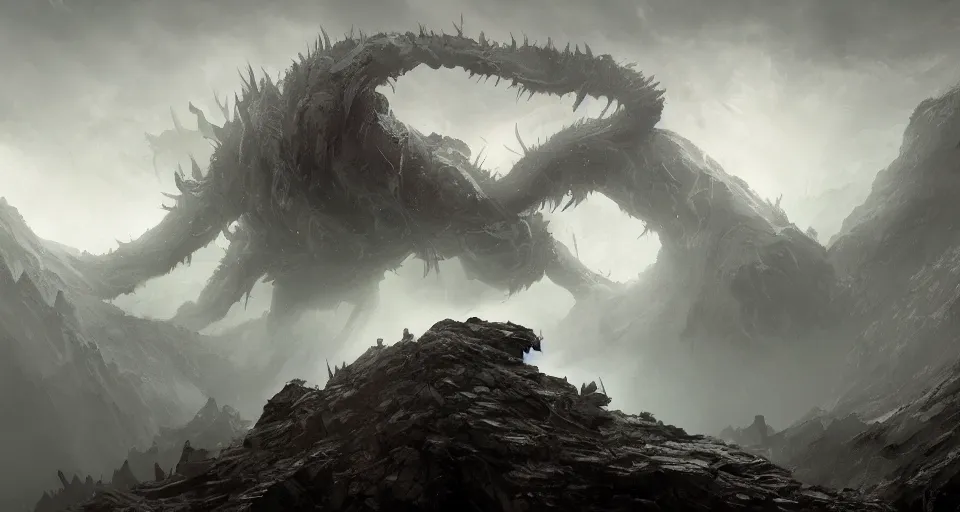 Prompt: a giant eldritch monster crawling across a misty mountainous landscape, dramatic lighting, illustration by francois baranger, greg rutkowski, yoji shinkawa, 4 k, digital art, concept art, trending on artstation