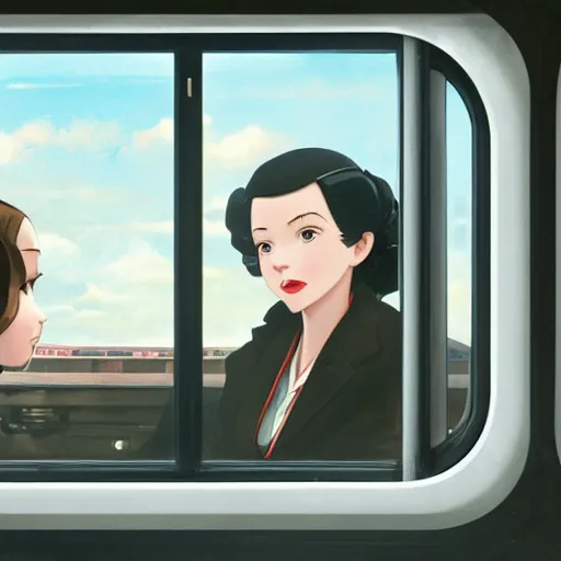 Prompt: portrait of a beautiful girl with dark hair dressed in 1940's fashion sitting in the interior of a train, looking through the window beside her, dieselpunk city outside of window, rich vivid colors, ambient lighting, dynamic lighting, 4k, HQ, official media, anime key visual, makoto shinkai, ilya kuvshinov, lois van baarle, rossdraws, detailed, trending on artstation