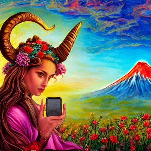 Prompt: horned ram goddess, checking her cell phone, erupting volcano in distance, sunset, flowers in foreground, zodiac, fantasy acrylic on canvas, intricately detailed, highly detailed, high resolution, hdr, 8 k, artist, trending on artstation, painting by senior concept artist josephine wall