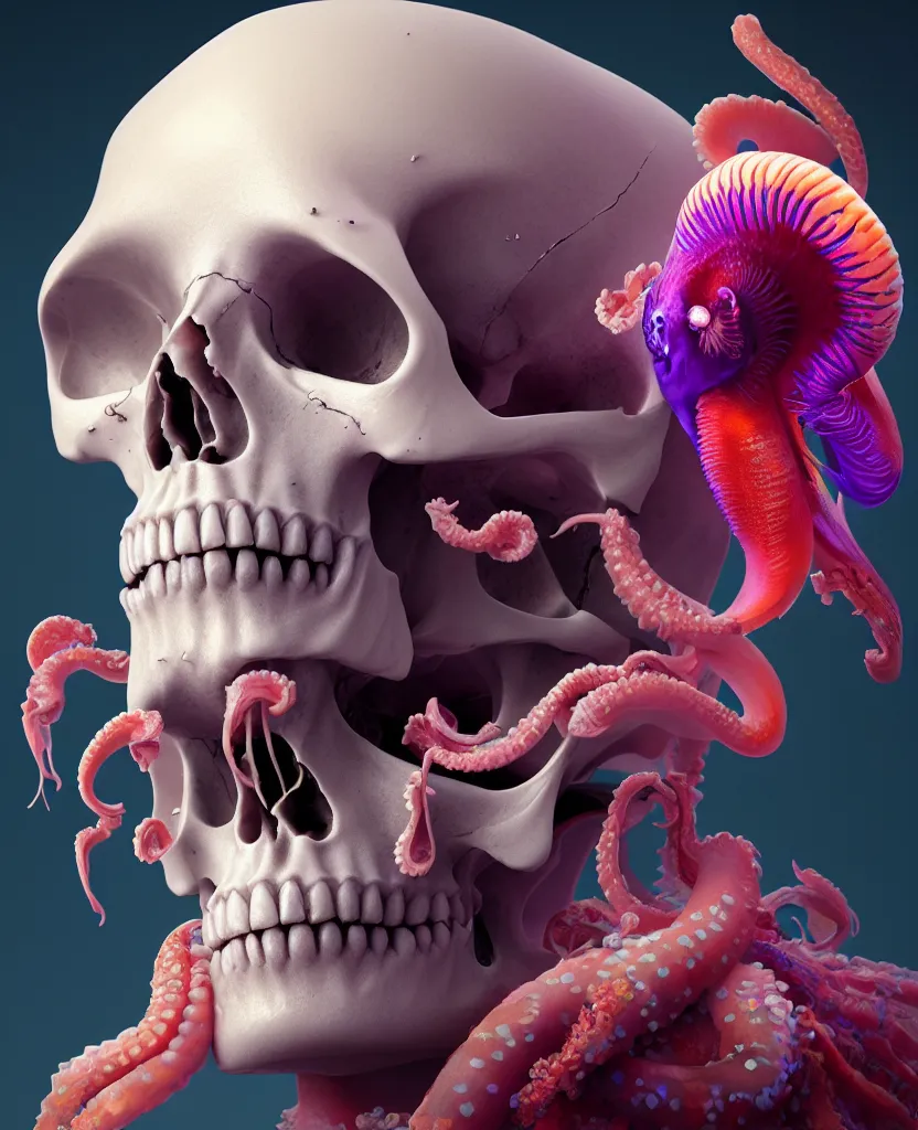 Image similar to goddess close - up portrait human skull, ram skull, squid phoenix jellyfish, orchid, betta fish, bioluminiscent, intricate artwork by tooth wu and wlop and beeple. octane render, trending on artstation, greg rutkowski very coherent symmetrical artwork. cinematic, hyper realism, high detail, octane render, 8 k