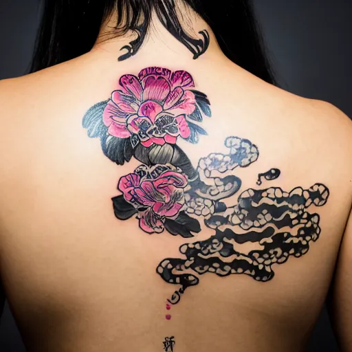 Image similar to photography of the back of a woman with a black detailed irezumi tatto representing a gold tiger with pink flowers on her entire back, dark hangar background, mid-shot, editorial photography