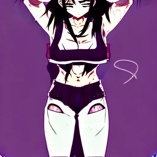 Image similar to style of madhouse studio anime, black lagoon manga, loish, artgerm, comic art, portrait of revy from black lagoon, symmetrical eyes and symmetrical face, jean shorts, white tank top, purple hair, sarcastic evil smirk on face, sky and ocean background