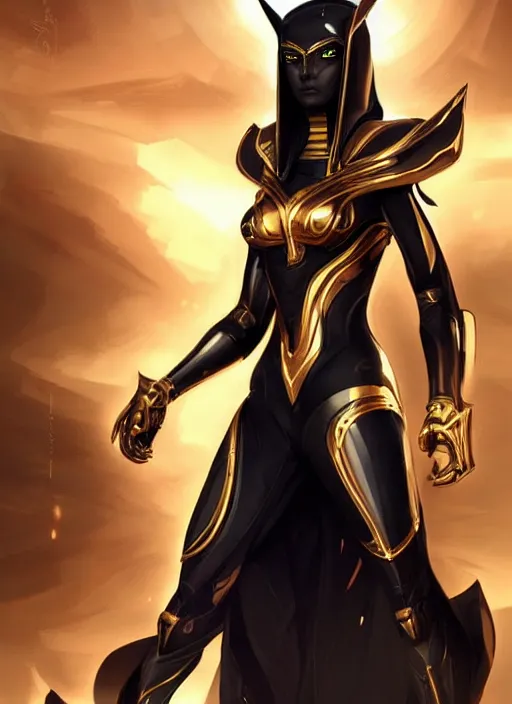 Prompt: woman wearing black and gold anubis cybertech armor. character design by charlie bowater, ross tran, artgerm, and makoto shinkai, detailed, inked, western comic book art