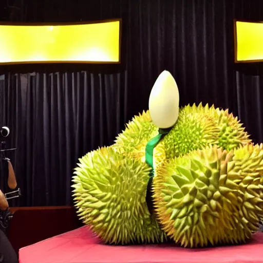 Image similar to anthropomorphic durian on stage, singing