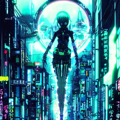 Image similar to Perfect circle portal leading to a vast neon cyberpunk Tokyo in style of Tsutomu Nihei. Cyberpunk, vertical symmetry, 8K, Highly Detailed, Intricate, Vivid.