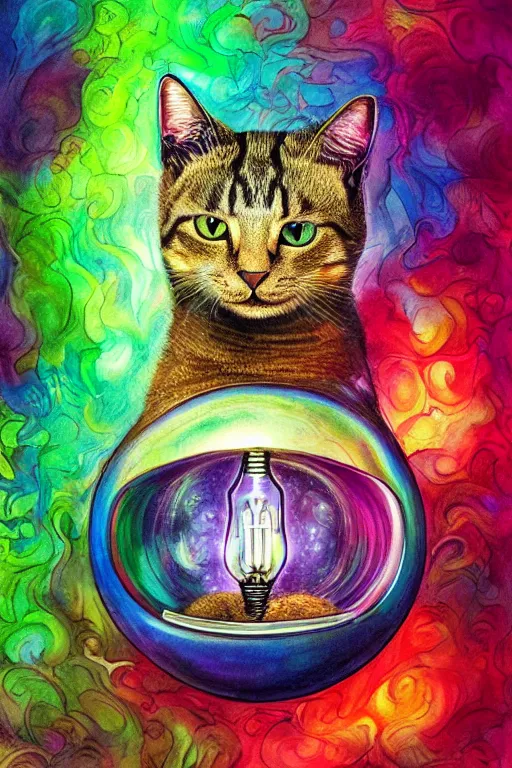 Image similar to portrait of a cat inside a light bulb, modern fine art, dreamscape, intricate, elegant, subsurface scattering, highly detailed, pop art painting, organic acrylic flow art, psychedelic fractal art, acrylic art, watercolor, featured on deviantart, cgsociety