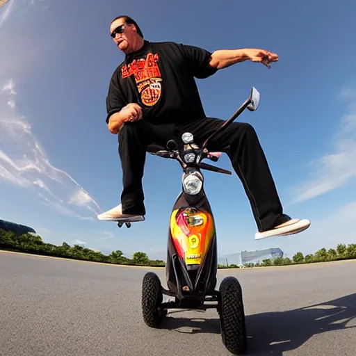 Image similar to Steven Seagal doing tricks on his razor scooter, fish-eye lens, fast shutter speed