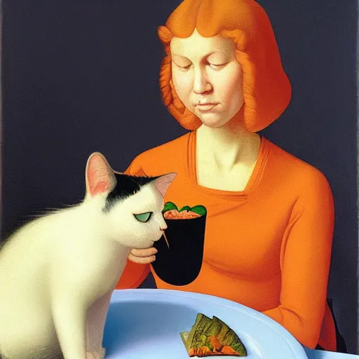 Prompt: a boring woman and her cat sharing a meal by Raphael, Hopper, and Rene Magritte. detailed, romantic, enchanting, trending on artstation.