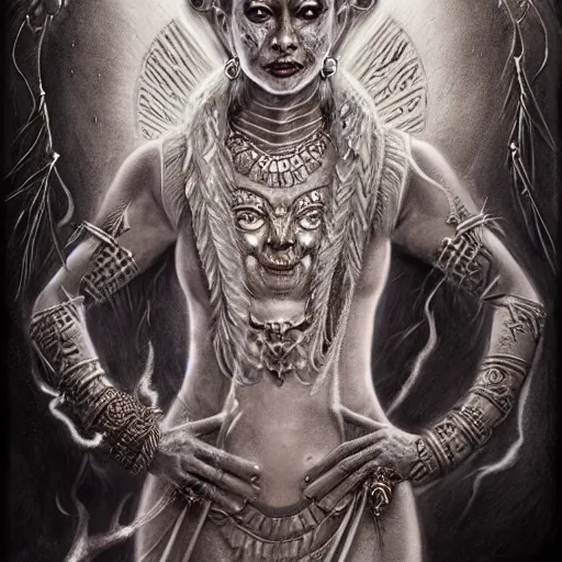 Prompt: Closeup of realistic asian Sumerian Death Goddess chalk skin etched with runic icons + mystical symbols, with small bleached bones covering vest and flowing electricity and smoke , fantasy, intricate, elegant, highly detailed, digital painting, artstation, concept art, matte, sharp focus, illustration, ghostbusters poster, art by Artgerm and peter mordenbacher
