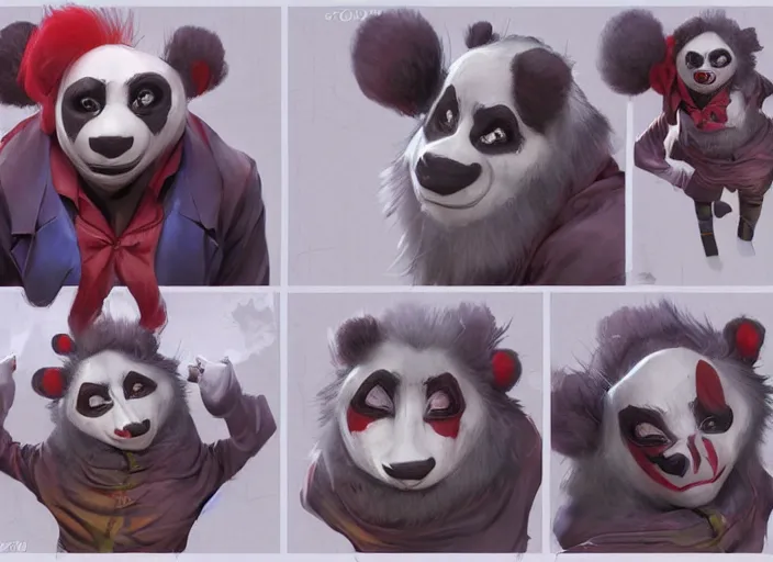Image similar to award - winning detailed concept art of a strange creepy clown iconic anthropomorphic panda character wearing clown makeup. art by wlop on bcy. net, realistic. detailed feathers, art by cheng yi. artstationhd, artgerm, 3 dcg, pixar zootopia. 3 d rendering, high quality model sheet, disney. model sheet detailed