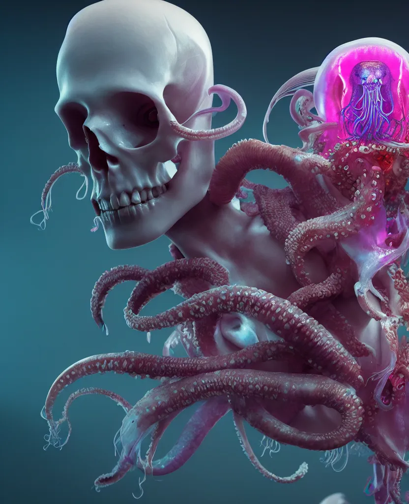 Image similar to goddess close - up portrait human skull, ram skull, squid phoenix jellyfish, orchid, betta fish, bioluminiscent, intricate artwork by tooth wu and wlop and beeple. octane render, trending on artstation, greg rutkowski very coherent symmetrical artwork. cinematic, hyper realism, high detail, octane render, 8 k