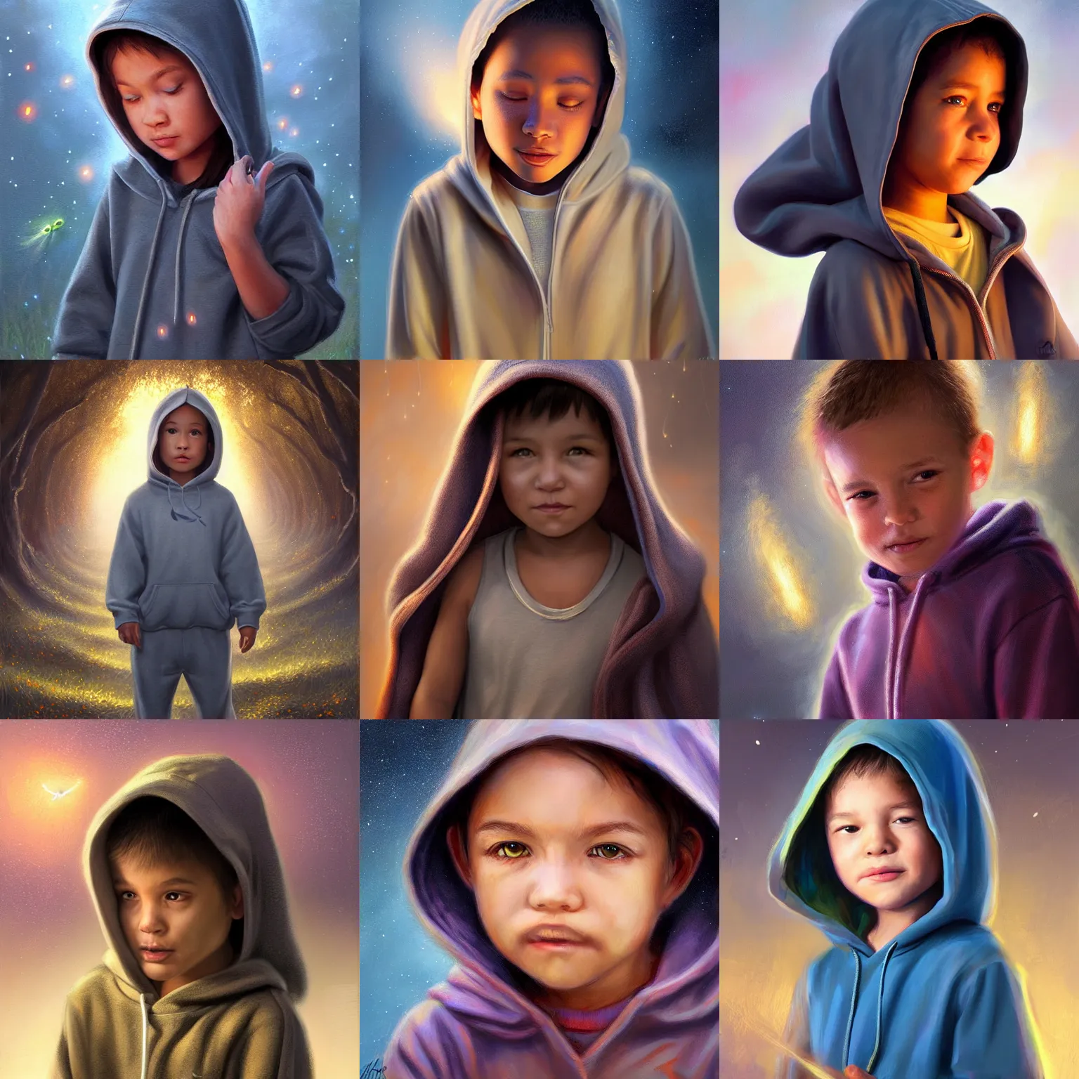 Prompt: character portrait of a child in a hoodie following fireflies. digital painting, detailed, 8 k, trending on artstation, smooth, sharp focus artwork by mark arian, artgerm, mark keathley, greg rutkowski