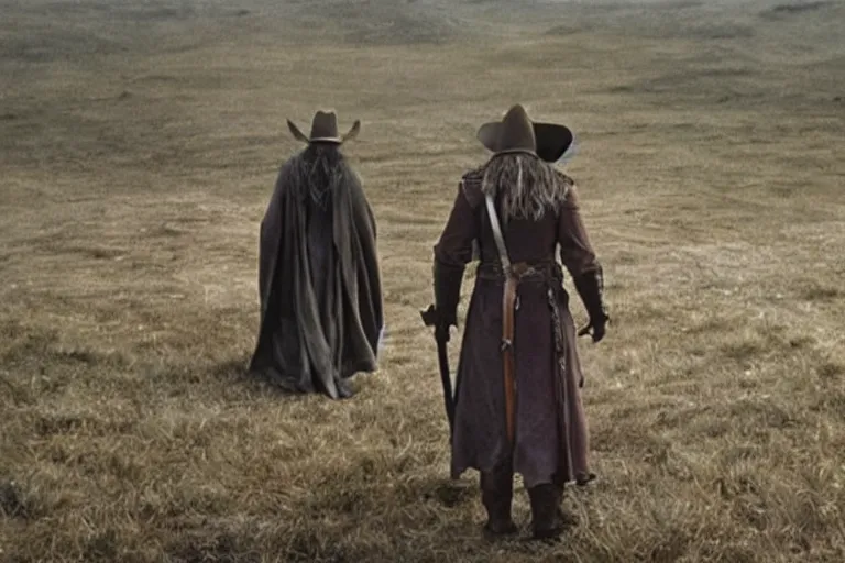 Prompt: Gandalf wearing a cowboy hat, from behind, full body view. Movie still from lord of the rings the fellowship of the ring.