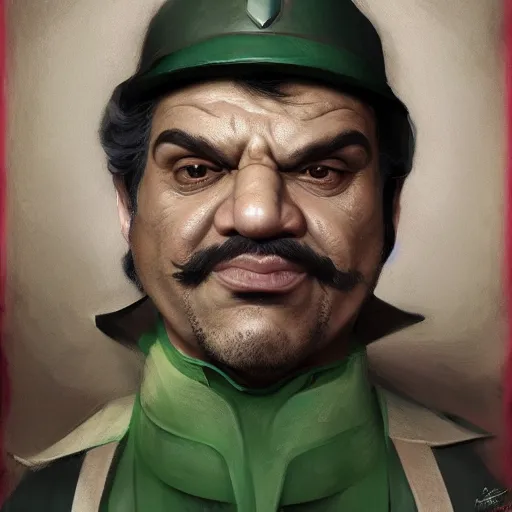 Image similar to hyper realistic, realistic - anime, portrait, beautifully rendered, italian garb the future, scifi, caricature, luis guzman as luigi wearing green, smirking deviously, luigi, luigi's nose, painted by gustave courbet, greg rutkowski, wlop, artgerm, dishonored 2,