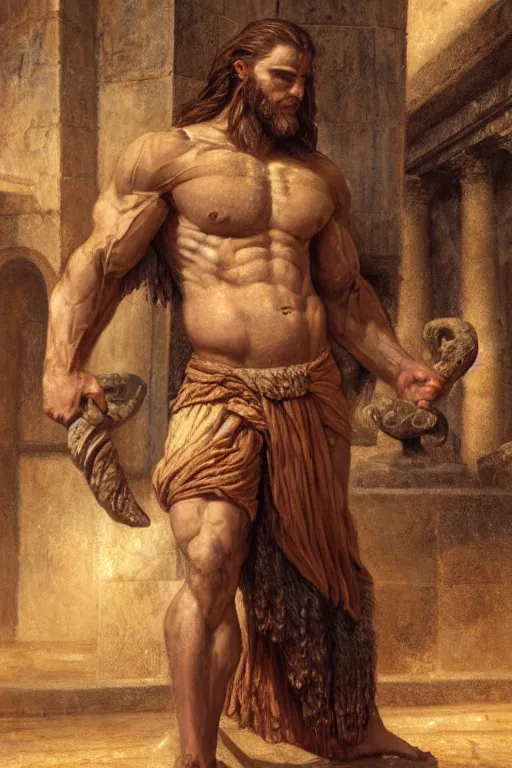 Prompt: biblical king david in ancient greek courtyard, babylonian beard, herculean, bulging muscular figure, beautiful gigachad, soft lighting, highly detailed face, sharp focus, artstation, sophie anderson, arnold armitage, loish, thomas kinkade