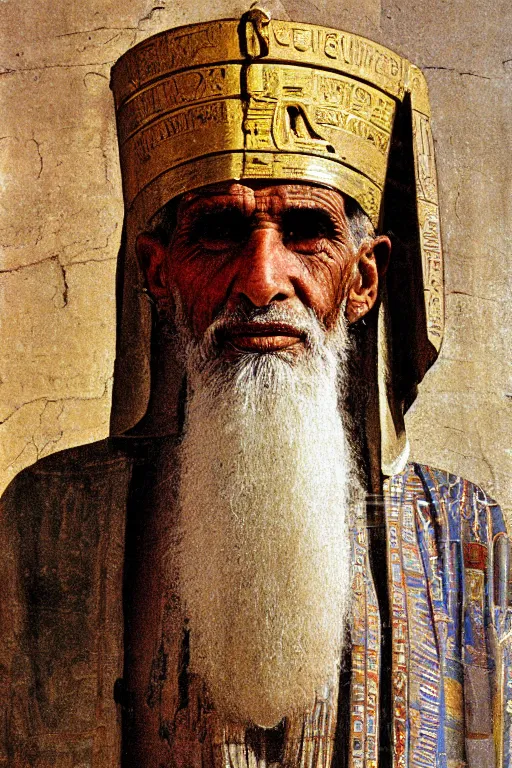 Prompt: a closer personal portrait of a a very old egyptian temple priest with very piercing eyes, very charismatic. in the old ancient temple of luxor. masterpiece, dark. painted by norman rockwell and james gurney