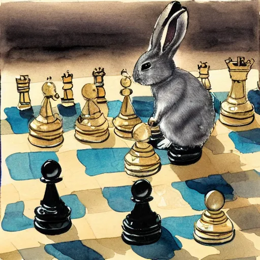 Image similar to first person view, playing chess against a rabbit, watercolour realism