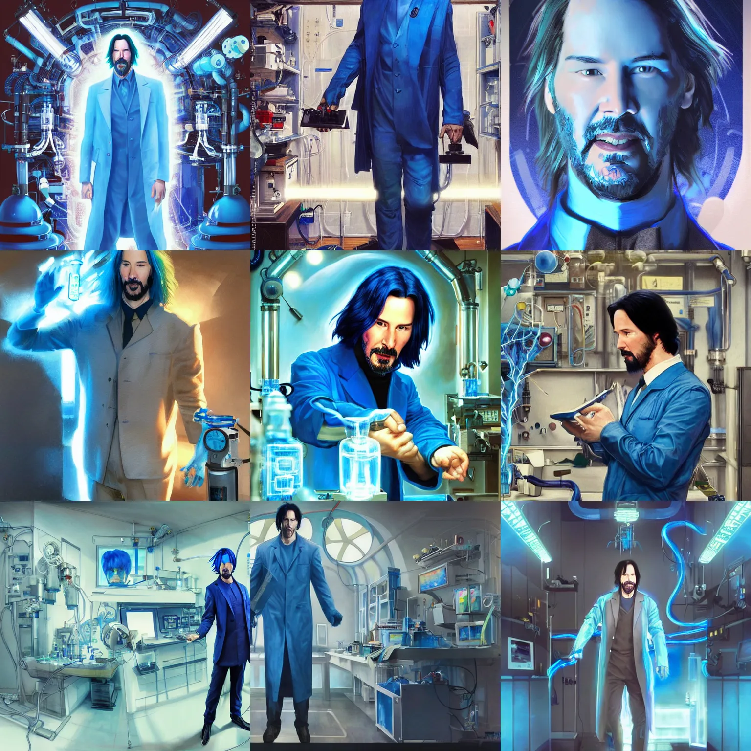 Prompt: Full body photo of Keanu Reeves as a mad scientist with electric blue hair performing tests at his lab, highly detailed, digital painting, artstation, concept art, sharp focus, illustration, art by artgerm and greg rutkowski and alphonse mucha