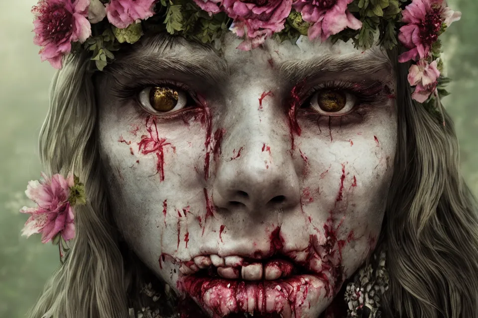 Prompt: Midsommar May Queen Zombie Portrait, Trending on ArtStation, beautiful aesthetic, photorealistic, volumetric lighting, hyperrealistic, octane render, HDR, photorealistic, bokeh