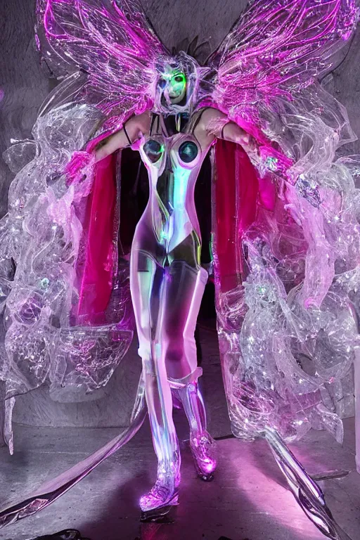 Image similar to full-body rococo and cyberpunk delicate crystalline sculpture of a muscular iridescent Bad Bunny as a humanoid deity wearing a thin see-through plastic hooded cloak sim roupa, posing like a superhero, glowing pink face, crown of white lasers, large diamonds, swirling black silk fabric. futuristic elements. oozing glowing liquid, full-length view. space robots. human skulls. throne made of bones, intricate artwork by caravaggio. Trending on artstation, octane render, cinematic lighting from the right, hyper realism, octane render, 8k, depth of field, 3D