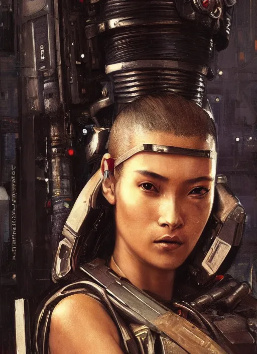 Prompt: Ada. beautiful cyberpunk Samurai woman wearing a military vest and military jumpsuit (cyberpunk 2077, bladerunner 2049). gorgeous african face. Iranian orientalist portrait by john william waterhouse and Edwin Longsden Long and Theodore Ralli and Nasreddine Dinet, oil on canvas. Cinematic, hyper realism, realistic proportions, dramatic lighting, high detail 4k