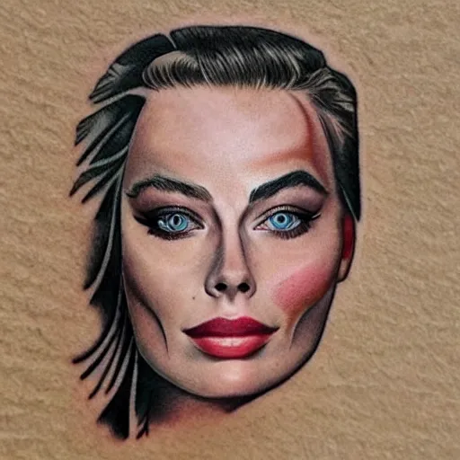 Image similar to face morph tattoo design of margot robbie with beautiful mountain scenery, in the style of arlo dicristina, amazing detail, mash up