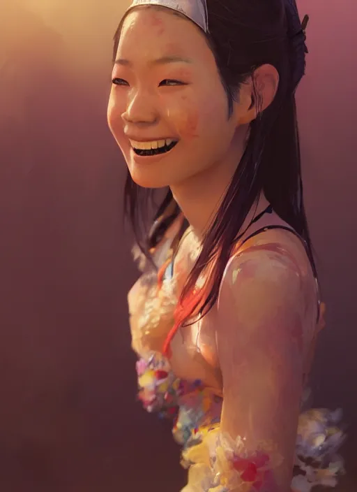 Image similar to hyper realistic photography portrait of smiling asian japanese festival partygirl amazon face cinematic, vallejo, full shot, craig mullins greg rutkowski, artstation, cgsociety
