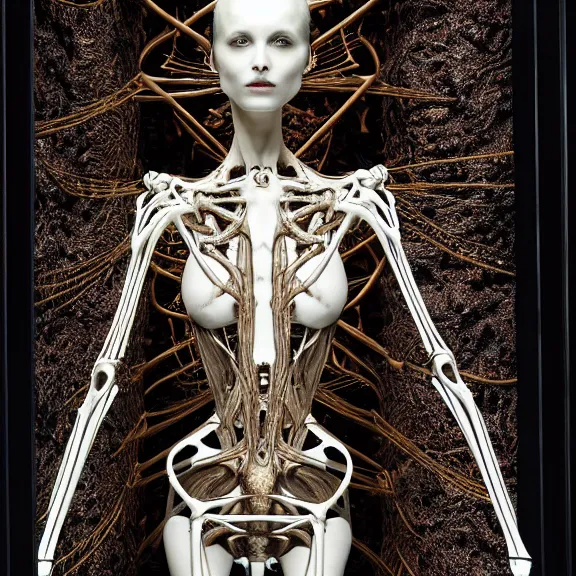 Image similar to symmetric frame from Prometheus, biomechanical gaia, by Neri Oxman and alexander mcqueen metal couture editorial, in mycelium hanging garden by giger by utagawa kuniyoshi