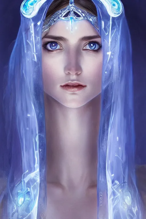 Image similar to beautiful woman wearing blue transparent clothes, glowing eyes, silver headband, blue glowing diamond in the hands, high elf priestess, sci-fi, fantasy, intricate, very very beautiful, elegant, highly detailed, digital painting, artstation, concept art, smooth, sharp focus, illustration, art by artgerm and greg rutkowski and alphonse mucha