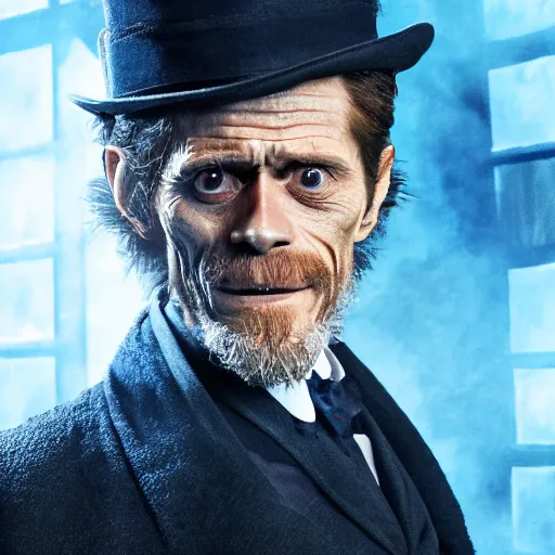 Image similar to willem dafoe as a rough dirty man with a scruffy beard in a dark blue trenchcoat and tophat as the new doctor who, cinematic, volumetric lighting, f 8 aperture, cinematic eastman 5 3 8 4 film, photorealistic