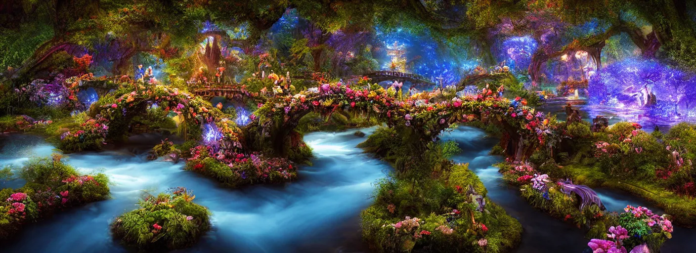 Prompt: photograph of enchanted garden, blue river in the middle, 1 glowing bridge crossing river, mystical fairies swooping around bridge, flowers with intricate detail, by marc adamus, highly detailed, intricate detail, cinematic lighting