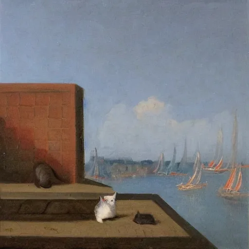 Prompt: the cat is sitting on the roof and looking at the bay and the fortress, oil painting