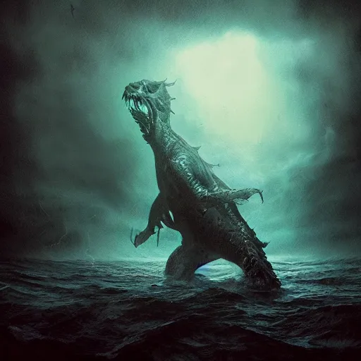 Prompt: Scary sea monster, ominous photo, mystery, horror, by Guillermo del toro, trending on artstation, HDR, 8k, fantasy art