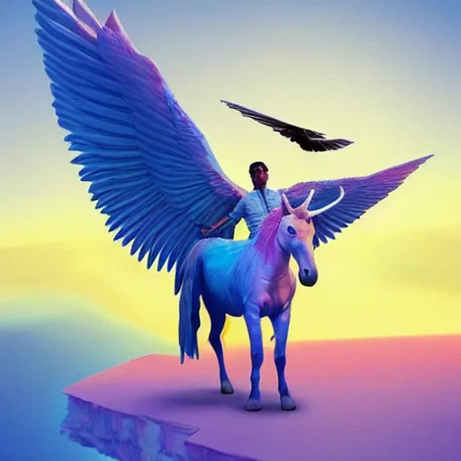 Prompt: jeff goldblum riding a winged unicorn, art by beeple, hyperrealistic