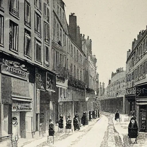 Prompt: une rue de paris vide avec des voitures garees, un restaurant avec une terrasse, des boutiques avec des neons, en debut de matinee ( ( ( en 1 7 5 0 ) ) )