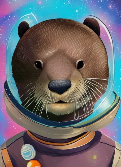 Image similar to a portrait of a cute otter with a space helmet, swimming through a beautiful galaxy!!!, detailed, artstation