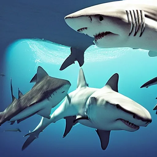 Image similar to a grouping of sharks being spun around in the air of a tornado, so the sharks are swimming and traveling in a vortex above the ocean water