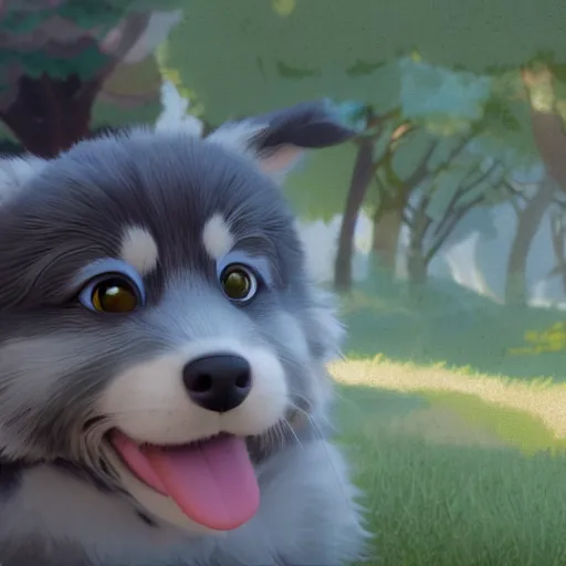 Prompt: a wholesome animation key shot of a grey and copper colored australian shepherd puppy, studio ghibli, pixar and disney animation, sharp, rendered in unreal engine 5, anime key art by greg rutkowski, bloom, dramatic lighting