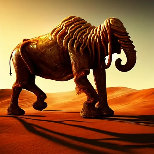 Image similar to golden mammoth in the dessert, artstation, midjourney, dall - e 2, cgsociety, cgi, digital, illustration, arts, realistic, awards winning, dramatic, cinematic, artistic, famous, detailed