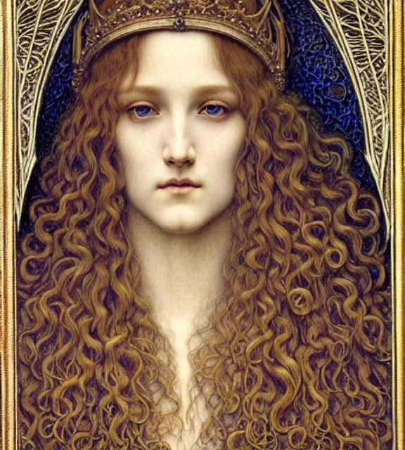 Image similar to detailed realistic beautiful young medieval queen face portrait by jean delville, gustave dore and marco mazzoni, art nouveau, symbolist, visionary, gothic, pre - raphaelite. horizontal symmetry