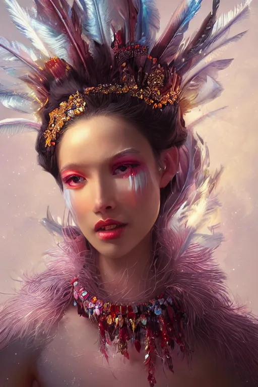 Image similar to beautiful princess with face covered with red crystals wearing frost feathers, diamonds, angel, fantasy, yellow background beam, dramatic lighting, highly detailed, digital painting, magic the gathering, 3 d render, hyper realistic detailed portrait, peter mohrbacher, wlop, ruan jia