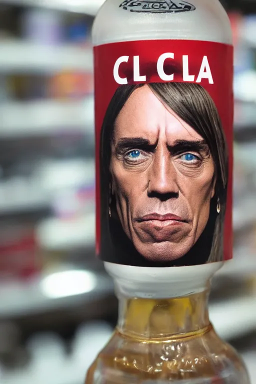 Image similar to a plastic bottle of cola with iggy pop's face on the label, sitting on a store shelf