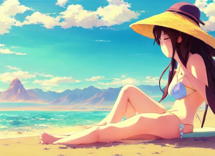 Image similar to a cute girl in a bikini and sunhat sitting on a towel on the beach, rocky mountains far in the distance, fluffy clouds on the horizon, by makoto shinkai an krenz cushart