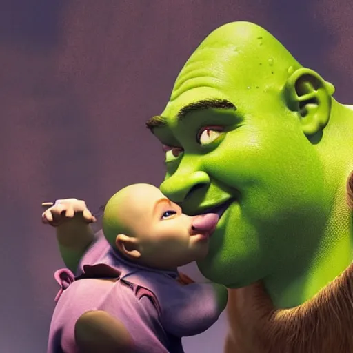 Image similar to shrek eating a baby. epic digital art. trending on artstation. trending on deviantart. 8 k.